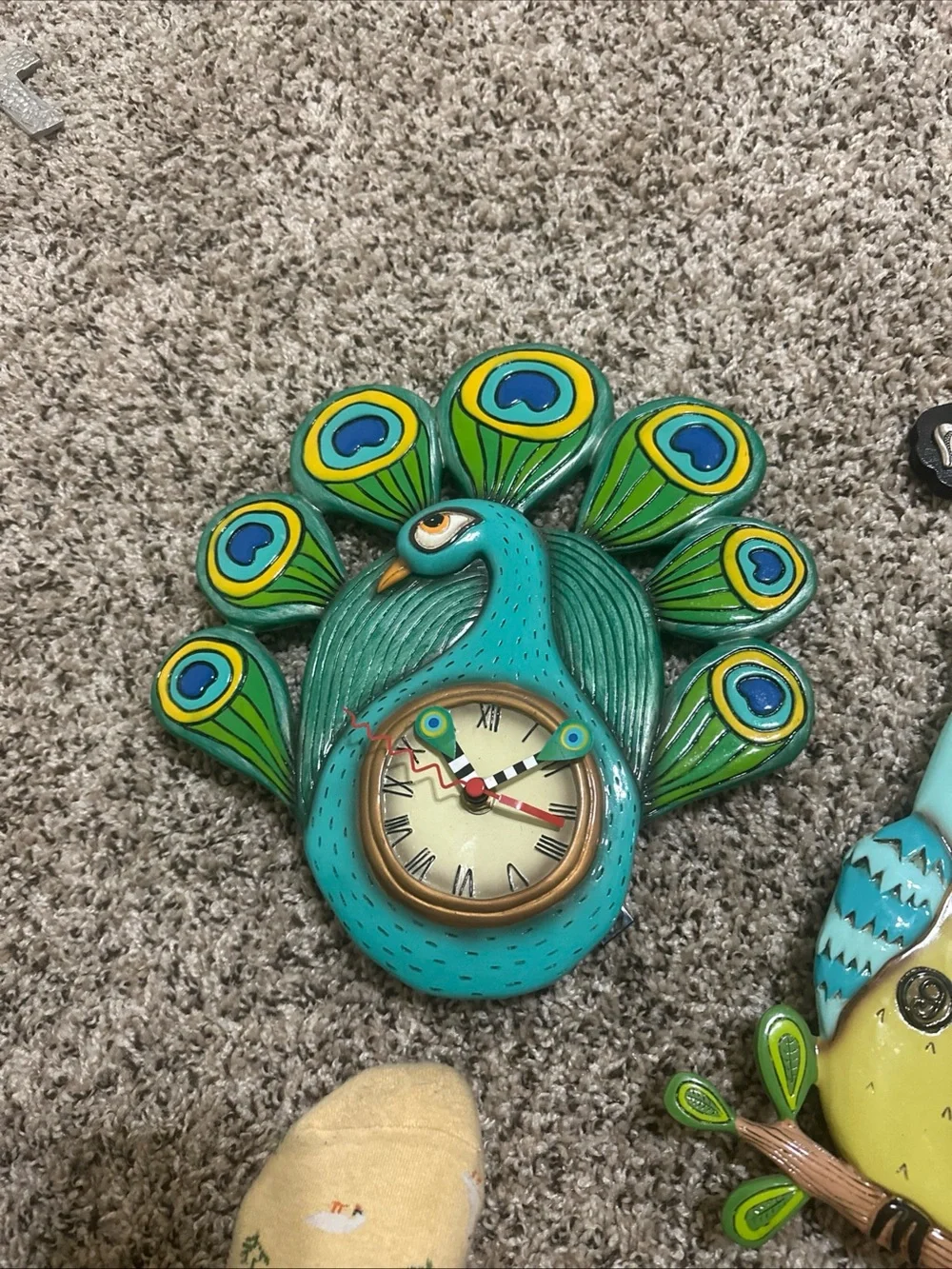 Allen Designs Peacock Pendulum Wall Clock Whimsical Teal Resin Bird Timepiece